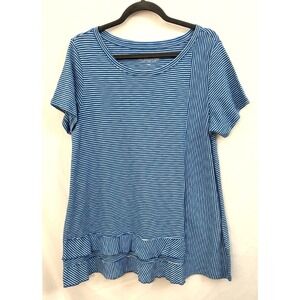 Soft Surroundings Blue Striped Pima Cotton Pullover Ruffle Top  Womens Size L